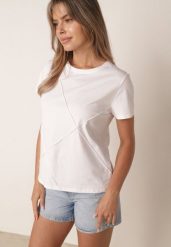 Biały Klasyczny T-shirt z Bawełny Zdobiony Przeszyciami w Romby Onissa. Białe t-shirty Born2be, l, z aplikacjami, z bawełny, casualowe, bez kołnierzyka, bez ramiączek. Za 49.99 zł.