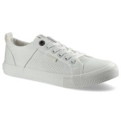 Trampki damskie Big Star, z materiałową cholewką perforowanym panelem bocznym wiązaniem na oczka i gumowanym noskiem, białe, HH274017. Białe trampki BIG STAR, bez wzorów, z gumy, eleganckie, bez zapięcia. Za 99.99 zł.