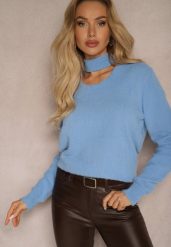 Niebieski Golf z Chokerem i Wycięciem Temina. Niebieskie swetry Renee, m, bez wzorów, klasyczne, bez ramiączek. W wyprzedaży za 51.99 zł.