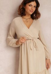 Beżowa Sukienka Iphina. Brązowe sukienki Renee, l, z aplikacjami, z materiału, eleganckie, bez kołnierzyka, bez ramiączek, mini, kopertowe. W wyprzedaży za 91.99 zł.