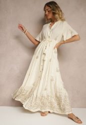 Beżowa Rozkloszowana Sukienka Boho z Wiskozy Zdobiona Haftem i Wiązaniem Falvania. Brązowe sukienki Renee, na randkę, l, z aplikacjami, z jeansu, boho, bez kołnierzyka, bez ramiączek, maxi, rozkloszowane. W wyprzedaży za 151.99 zł.