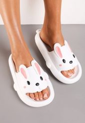 Białe Basenowe Klapki z Pianki z Ozdobnym Króliczkiem Kionna. Białe klapki Renee, bez wzorów, wakacyjne, bez obcasa, bez zapięcia. W wyprzedaży za 44.99 zł.