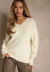 Jasnobeżowy Sweter z Dodatkiem Kaszmiru i Trójkątnym Dekoltem Silefera. Brązowe swetry Renee, bez wzorów, z jeansu, casualowe, bez ramiączek. Za 99.99 zł.
