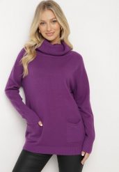 Fioletowy Golf z Wiskozą Zdobiony Wsuwanymi Kieszonkami Viaela. Fioletowe swetry Born2be, l, z aplikacjami, z jeansu, eleganckie, plus size, bez ramiączek. W wyprzedaży za 76.49 zł.