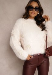 Różowy Sweter z Wiskozą o Fakturze Imitacji Piór z Naszytymi Kwiatami Taishae. Czerwone swetry Renee, l, bez wzorów, z wiskozy, casualowe, bez ramiączek. W wyprzedaży za 103.99 zł.