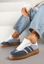 Niebiesko-Granatowe Sneakersy Tenisówki Ozdobione Paskami Falaviela. Niebieskie trampki Renee, bez wzorów, z jeansu, eleganckie, bez zapięcia. W wyprzedaży za 75.99 zł.