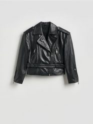 Skórzana kurtka ramoneska - czarny. Czarne kurtki Reserved, l, bez wzorów, ze skóry, bez kaptura. Za 599.99 zł.