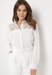 Biała Koszula na Guziki z Ozdobną Koronkową Wstawką Tapirea. Białe koszule Born2be, l, bez wzorów, z jeansu, biznesowe, bez kołnierzyka, bez ramiączek. Za 59.99 zł.