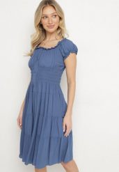 Granatowa Bawełniana Rozkloszowana Sukienka z Guzikami i Bufiastymi Rękawami Annivi. Niebieskie sukienki Born2be, na co dzień, l, bez wzorów, z bawełny, eleganckie, bez kołnierzyka, bez ramiączek, midi, rozkloszowane. W wyprzedaży za 42.49 zł.