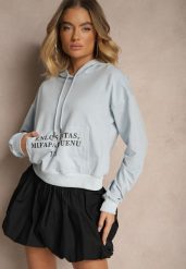 Jasnoniebieska Bluza o Klasycznym Kroju z Kapturem i Kieszenią Firloti. Niebieskie bluzy Renee, l, bez wzorów, z jeansu, casualowe, bez ramiączek, z kapturem. W wyprzedaży za 47.99 zł.