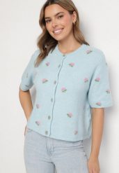 Niebieski Sweter Kardigan z Krótkim Rękawem z Wełną w Ozdobny Print Korinelia. Niebieskie swetry Born2be, s, bez wzorów, z jeansu, eleganckie, bez ramiączek. W wyprzedaży za 144.49 zł.