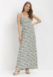 Miętowa Sukienka Idaphishae. Zielone sukienki Born2be, l, bez wzorów, z bawełny, bez kołnierzyka, bez ramiączek, maxi, kopertowe. Za 109.99 zł.