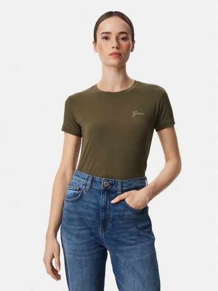 Guess T-Shirt W6YI12 K3751 Khaki Regular Fit. Brązowe t-shirty Guess, s, z aplikacjami, bez kołnierzyka, bez ramiączek. Za 151.99 zł.