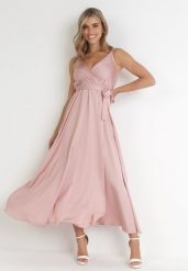 Jasnoróżowa Sukienka Maxi z Gumką w Pasie i Kopertowym Dekoltem Aloyse. Czerwone sukienki Born2be, m, bez wzorów, eleganckie, bez kołnierzyka, bez ramiączek, maxi, kopertowe. W wyprzedaży za 67.99 zł.