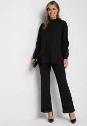 Czarny Komplet z Wiskozą Ozdobiony Metaliczną Nicią Sweter z Półgolfem i Szerokie Spodnie Aresina. Czarne swetry Born2be, uniwersalny, bez wzorów, z materiału, klasyczne, bez ramiączek. Za 209.99 zł.