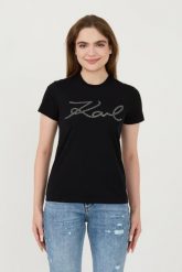 KARL LAGERFELD Czarny t-shirt Rhinestone Logo. Czarne t-shirty KARL LAGERFELD, xs, bez wzorów, bez kołnierzyka, bez ramiączek. W wyprzedaży za 299.99 zł.