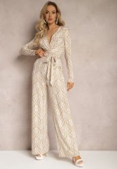 Beżowy Kopertowy Kombinezon z Paskiem w Talii i Ozdobnym Wzorem Mirannda. Brązowe sukienki Renee, l, bez wzorów, z materiału, eleganckie, bez kołnierzyka, bez ramiączek, kopertowe. W wyprzedaży za 111.99 zł.