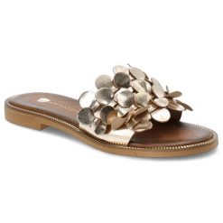 Złote Klapki Armodo Modne Obuwie Damskie. Żółte klapki Armodo, z aplikacjami, ze skóry, eleganckie, bez obcasa, bez zapięcia. Za 229.00 zł.
