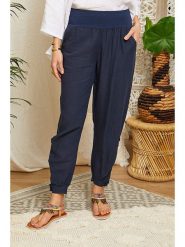 Lin Passion Lniane spodnie w kolorze granatowym rozmiar: 40/42. Niebieskie spodnie materiałowe Lin Passion, bez wzorów, ze lnu, klasyczne, z podwyższonym stanem. Za 140.95 zł.