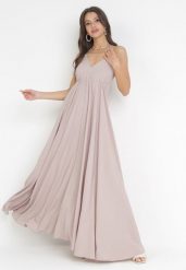 Ciemnobeżowa Rozkloszowana Sukienka Maxi z Wiązaniem na Szyi Cathenia. Brązowe sukienki Born2be, m, bez wzorów, bez kołnierzyka, bez ramiączek, maxi, rozkloszowane. W wyprzedaży za 84.99 zł.