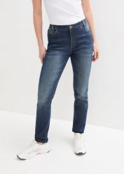 Dżinsy SKINNY z wygodnym paskiem. Niebieskie jeansy bonprix, bez wzorów, z jeansu. Za 132.99 zł.