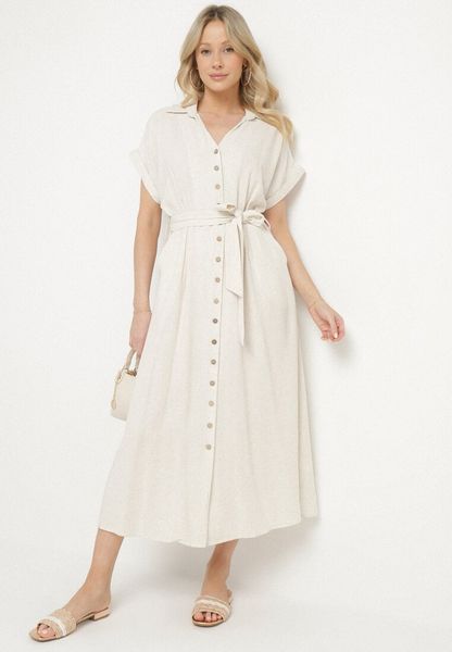 Jasnobeżowa Sukienka z Bawełny o Koszulowym Kroju z Wiązanym Paskiem Elanitiela. Brązowe sukienki Born2be, na co dzień, m, bez wzorów, z bawełny, eleganckie, bez kołnierzyka, bez ramiączek, maxi, koszulowe. Za 139.99 zł.