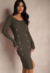 Zielona Dzianinowa Sukienka z Wiskozą z Ozdobnym Rozcięciem i Guzikami Ilavitha. Zielone sukienki Renee, na co dzień, bez wzorów, z dzianiny, eleganckie, bez kołnierzyka, bez ramiączek, midi, dopasowane. W wyprzedaży za 63.99 zł.