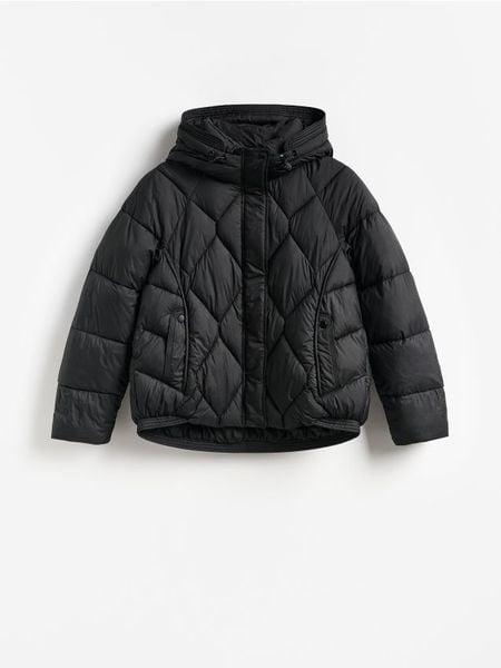 Pikowana kurtka z kapturem - czarny. Czarne kurtki Reserved, l, bez wzorów, z tkaniny, z kapturem. Za 259.99 zł.