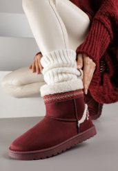 Bordowe Wsuwane Śniegowce Zdobione Futrem i Haftem Mevittia. Czerwone śniegowce Born2be, z aplikacjami, z jeansu, bez zapięcia. Za 109.99 zł.