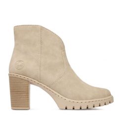 Botki Rieker. Brązowe botki Rieker, bez wzorów, bez obcasa, na słupku, bez zapięcia. Za 329.99 zł.