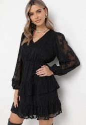 Czarna Sukienka Boho z Gumką w Pasie i Błyszczącą Nitką Gavissa. Czarne sukienki Born2be, l, bez wzorów, boho, bez kołnierzyka, bez ramiączek, mini. W wyprzedaży za 127.49 zł.