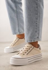 Beżowe Klasyczne Trampki na Grubej Podeszwie Araenes. Brązowe trampki Born2be, bez wzorów, z jeansu, klasyczne, bez zapięcia. Za 79.99 zł.