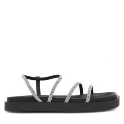 Sandały Eva Minge. Czarne sandały Eva Minge, bez wzorów, bez obcasa, na płaskiej podeszwie, bez zapięcia. Za 349.99 zł.