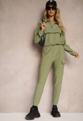 Zielony Komplet Dresowy Bluza z Suwakiem i Kołnierzem i Spodnie z Kieszeniami Cargo Taigena. Zielone bluzy Renee, m, bez wzorów, z dresówki, bez ramiączek, bez kaptura. W wyprzedaży za 67.99 zł.