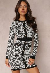 Biała Sukienka Mini ze Sweterkowego Materiału o Geometrycznym Motywie z Dodatkowymi Guzikami Isaela. Białe sukienki Renee, m, bez wzorów, eleganckie, bez kołnierzyka, bez ramiączek, mini. W wyprzedaży za 79.99 zł.