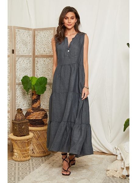 Lin Passion Lniana sukienka w kolorze antracytowym rozmiar: 34/36. Czarne sukienki Lin Passion, bez wzorów, ze lnu, klasyczne, bez kołnierzyka, bez ramiączek, maxi, rozkloszowane. Za 105.14 zł.