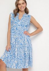 Niebieska Bawełniana Rozkloszowana Sukienka z Geometrycznym Wzorem Annivaria. Niebieskie sukienki Born2be, na co dzień, l, bez wzorów, z bawełny, eleganckie, bez kołnierzyka, bez ramiączek, midi, rozkloszowane. Za 79.99 zł.
