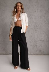 Czarne Szerokie Spodnie Casual High Waist ze Strukturalnej Tkaniny Hyrarpia. Czarne jeansy Renee, l, bez wzorów, z jeansu, casualowe, z podwyższonym stanem. Za 89.99 zł.