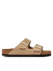 Birkenstock Klapki Arizona Sfb Lenb 1019016 Beżowy. Brązowe klapki Birkenstock, bez wzorów, z nubiku, bez obcasa, bez zapięcia. Za 511.20 zł.