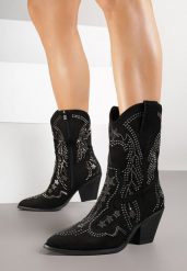 Czarne Botki na Kowbojki na Słupku z Cyrkoniami Flarise. Czarne botki Renee, z aplikacjami, z jeansu, eleganckie, bez obcasa, na obcasie, bez zapięcia. Za 169.99 zł.