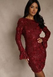 Bordowa Dopasowana Sukienka Ozdobiona Cekinami i Kwiatami 3D Raweda. Czerwone sukienki Renee, na co dzień, l, bez wzorów, z poliesteru, bez kołnierzyka, bez ramiączek, midi, dopasowane. Za 239.99 zł.