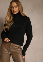 Czarny Casualowy Golf z Bawełną i Wełną Reillisa. Czarne swetry Renee, bez wzorów, z bawełny, bez ramiączek. Za 69.99 zł.