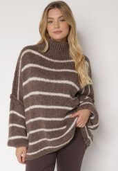 Brązowy Golf Oversize w Paski z Domieszką Wełny i Wiskozy Nexeia. Brązowe swetry Born2be, bez wzorów, z jeansu, eleganckie, bez ramiączek. Za 159.99 zł.