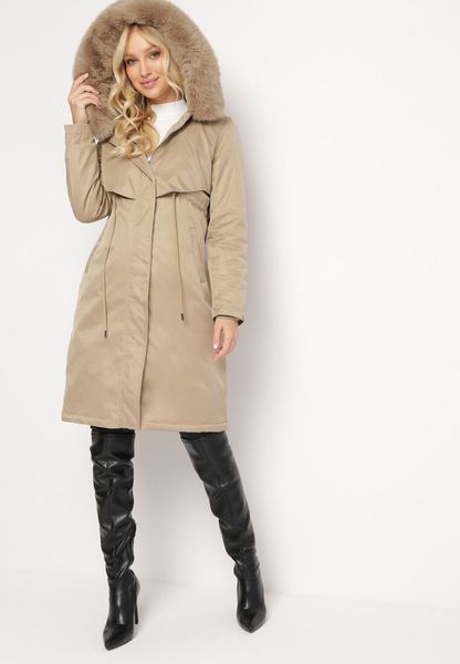 Beżowa Kurtka za Kolano ze Ściągaczem i Kapturem z Futerkiem Adoresa. Brązowe kurtki Born2be, l, bez wzorów. Za 349.99 zł.