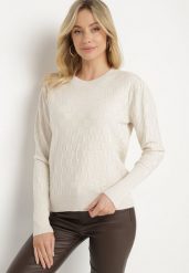 Jasnobeżowy Sweter z Wiskozą Modalem i Ozdobnym Splotem Jaliti. Brązowe swetry Born2be, m, bez wzorów, z jeansu, wizytowe, bez ramiączek. W wyprzedaży za 67.99 zł.