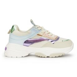 Wielokolorowe damskie buty sportowe na grubej podeszwie beżowy. Brązowe buty treningowe bez wzorów, bez zapięcia. Za 110.92 zł.