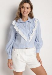 Niebieska Bawełniana Koszula w Paski z Ozdobnym Dekoltem z Falbanką Paleriella. Niebieskie koszule Born2be, m, bez wzorów, z bawełny, eleganckie, bez kołnierzyka, bez ramiączek. W wyprzedaży za 50.99 zł.