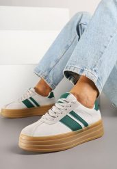 Beżowe Sneakersy Kultowe Tenisówki z Ozdobnymi Paskami Vandell. Brązowe trampki Renee, bez wzorów, z jeansu, eleganckie, bez zapięcia. W wyprzedaży za 75.99 zł.