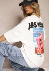Biało-Kremowa Koszulka T-shirt o Kroju Oversize z Kolorowym Nadrukiem na Plecach Tarimea. Białe t-shirty Renee, l, bez wzorów, z dzianiny, bez kołnierzyka, bez ramiączek. W wyprzedaży za 47.99 zł.