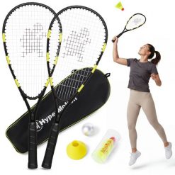 Zestaw do crossmintona: 2 rakiety aluminiowe 59 cm, 5 lotek, stożki, torba. Czarne torby sportowe HYPERMOTION, bez wzorów, z materiału. Za 79.90 zł.